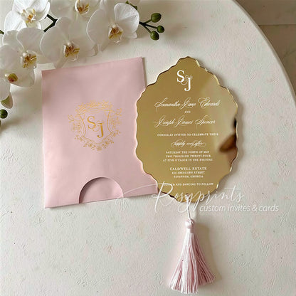 dusty pink and gold foil crest mirror acrylic wedding invitations