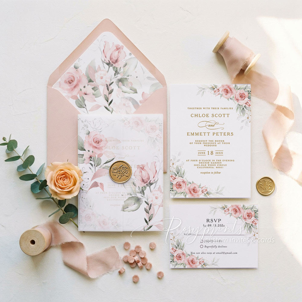 dusty rose pink floral vellum paper wedding invitations