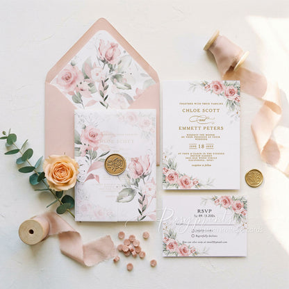 dusty rose pink floral vellum paper wedding invitations