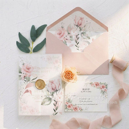 dusty rose pink floral vellum paper wedding invitations