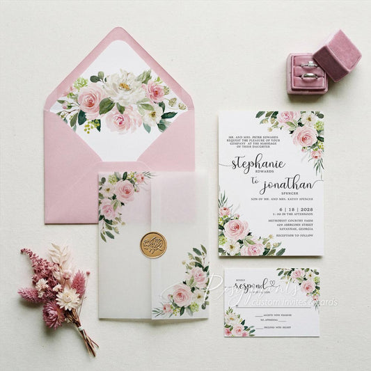 rustic dusty rose pink flower and greenery vellum wedding invitations