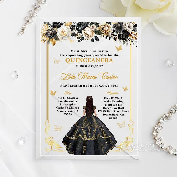 white black and gold acrylic quinceanera sweet 16 invitations ROSYA109