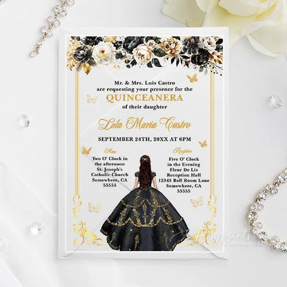 white black and gold acrylic quinceanera sweet 16 invitations ROSYA109
