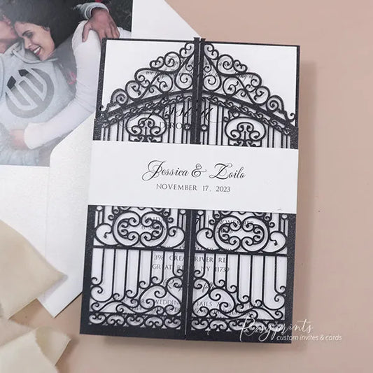 vintage black and white gatefold wedding invitations ROSG05 - Rosy Prints