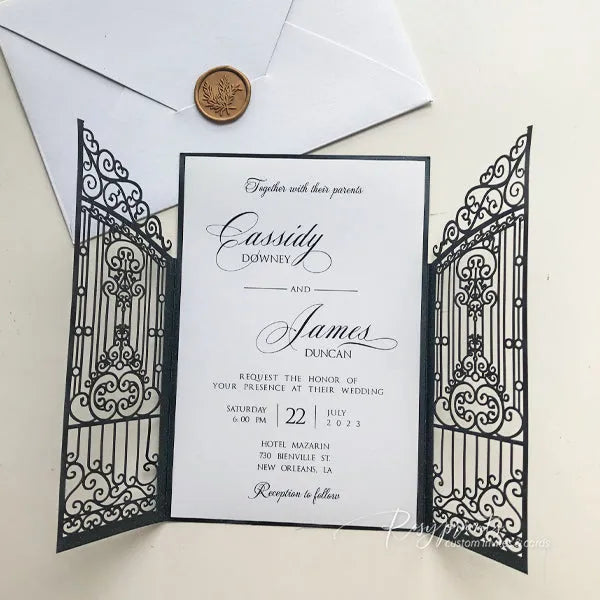 vintage black and white gatefold wedding invitations