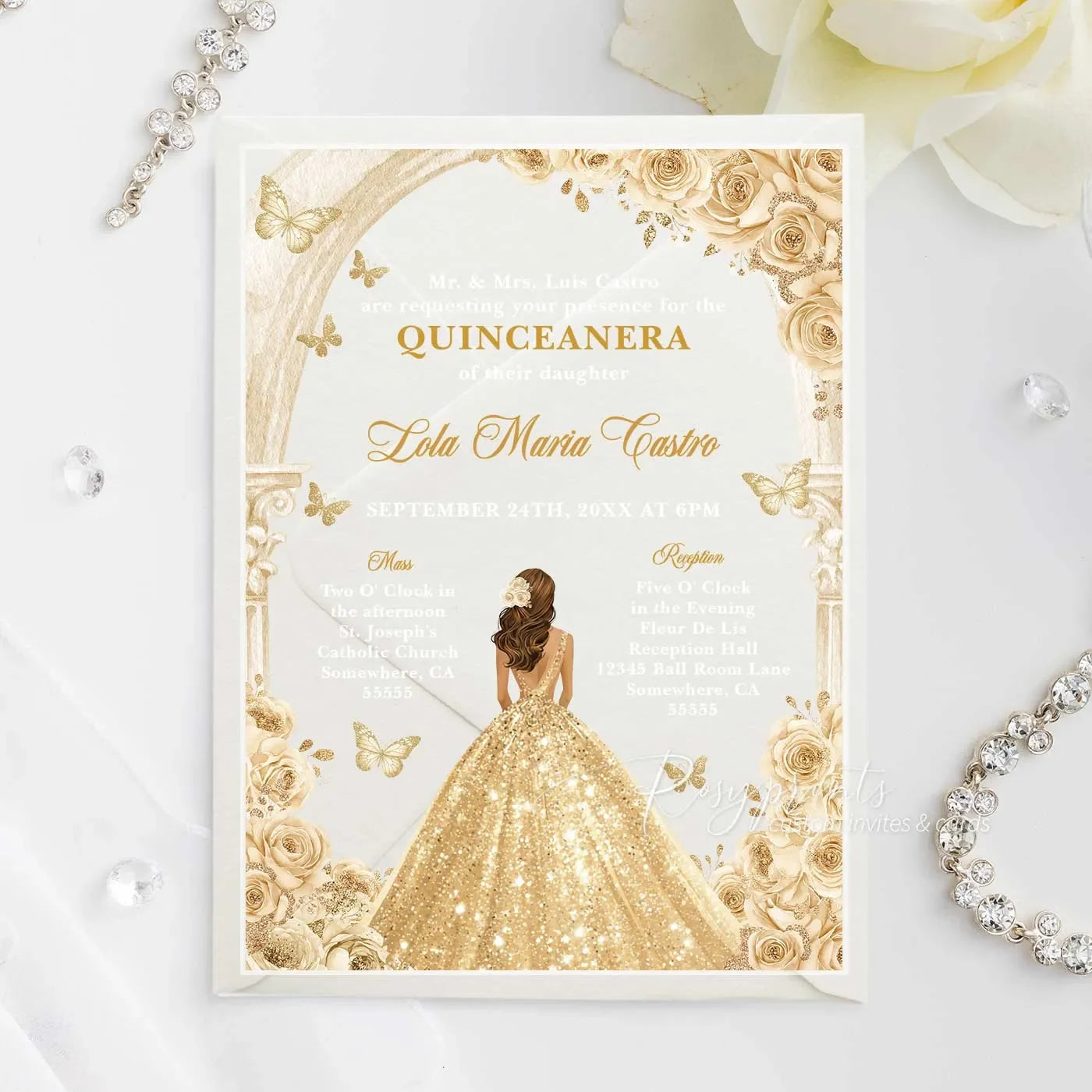 Ivory and champagne gold acrylic sweet 16 quince invitations