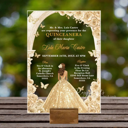 Ivory and champagne gold acrylic sweet 16 quince invitations