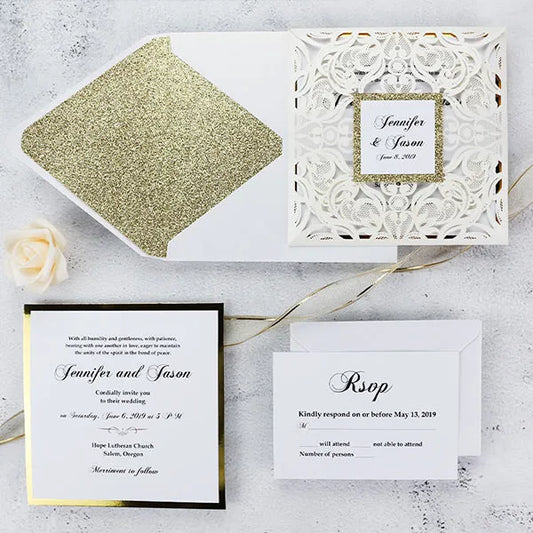 simple ivory white gold glitter overlay wedding invitations ROSYP03 - Rosy Prints