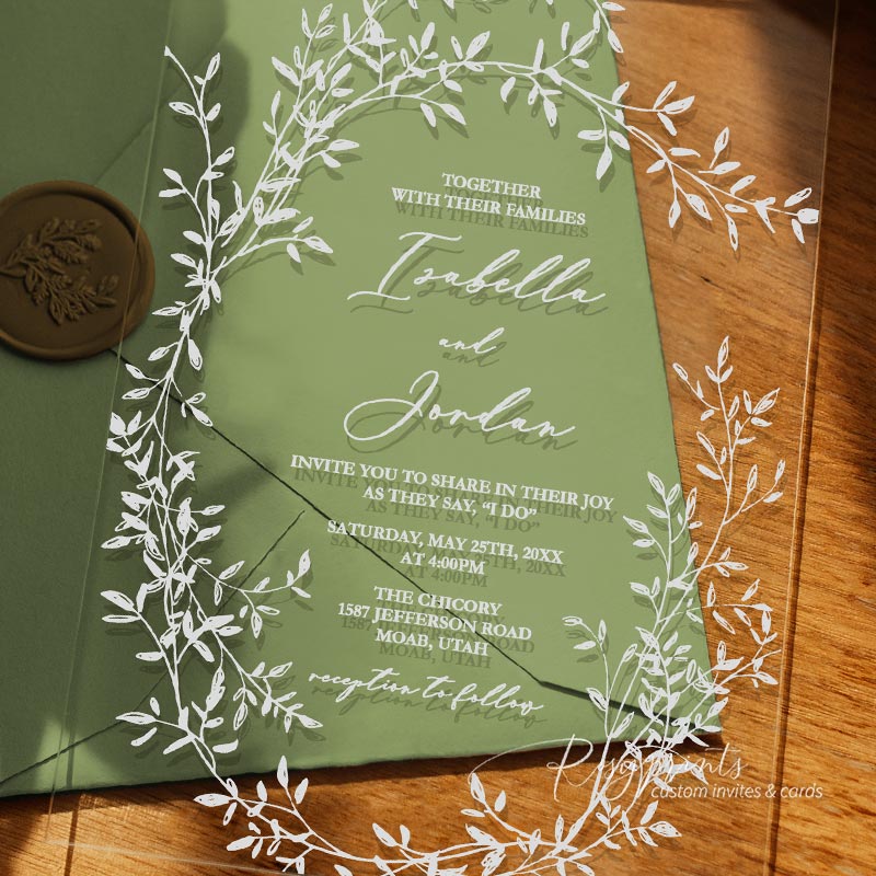 minimal white leaves simple clear acrylic wedding invitations