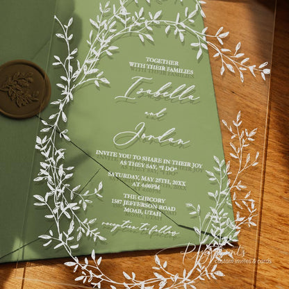 minimal white leaves simple clear acrylic wedding invitations