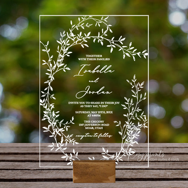 minimal white leaves simple clear acrylic wedding invitations