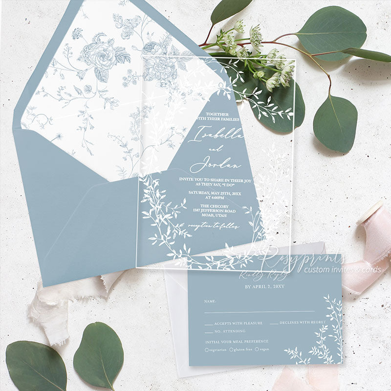minimal white leaves simple clear acrylic wedding invitations