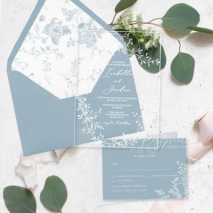 minimal white leaves simple clear acrylic wedding invitations