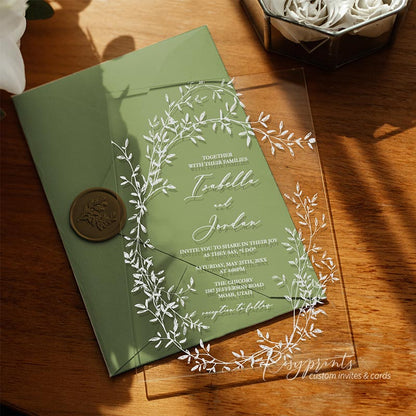 minimal white leaves simple clear acrylic wedding invitations