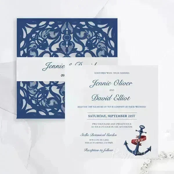 elegant nautical beach navy blue wedding invitations ROSYP37 - Rosy Prints