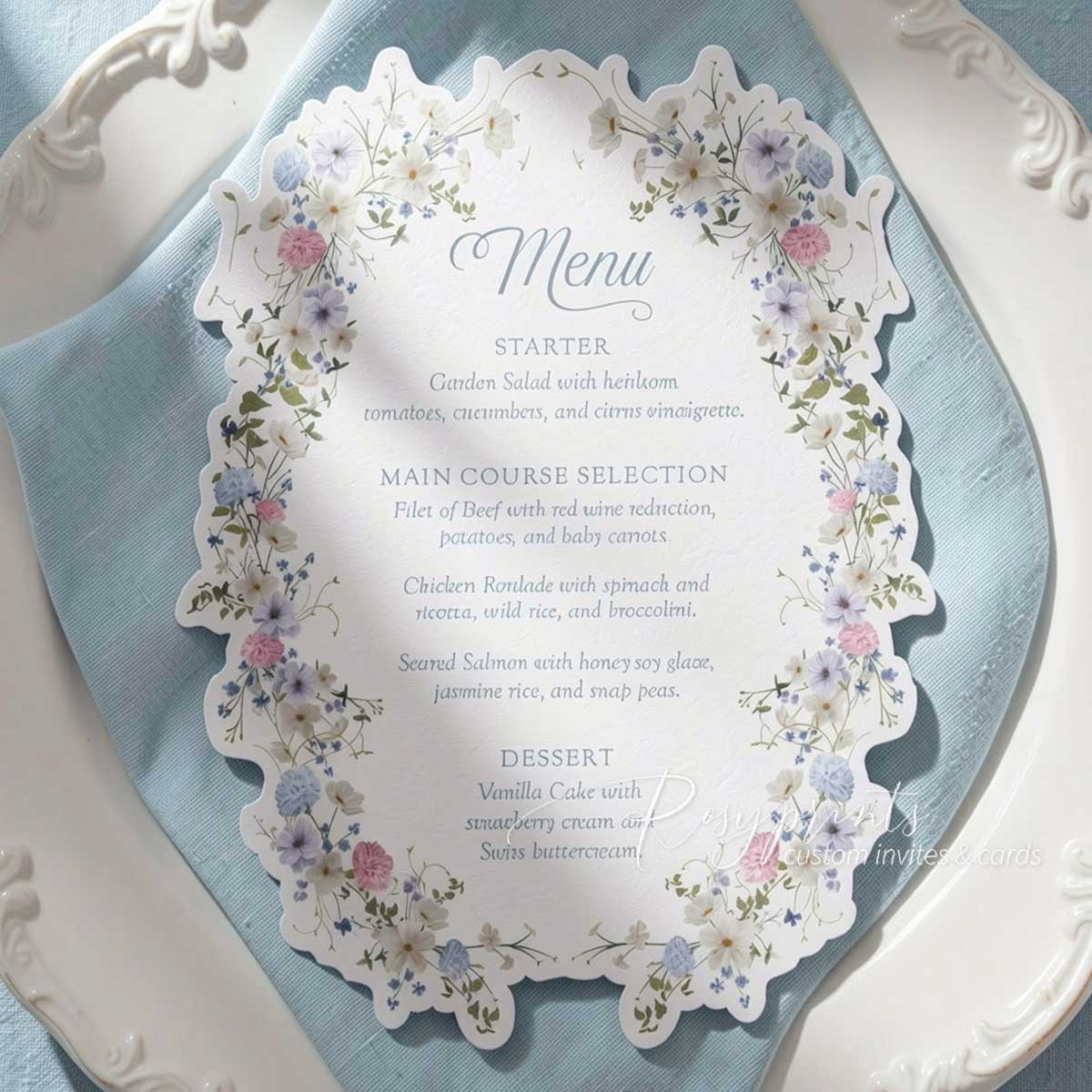 elegant pastel floral garden brunch bridal shower menu cards
