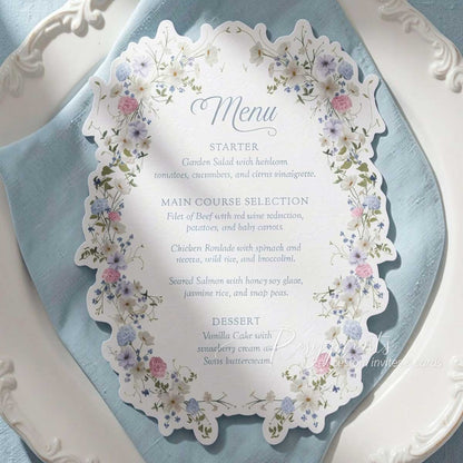 elegant pastel floral garden brunch bridal shower menu cards