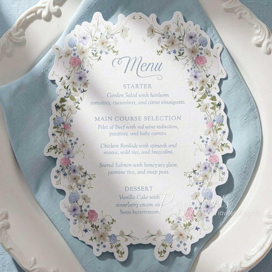 elegant pastel floral garden brunch bridal shower menu cards
