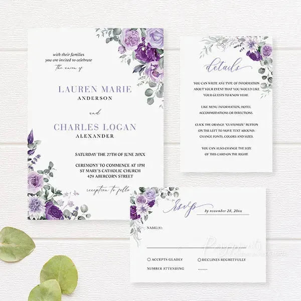 lilac and purple floral wedding invitations RPFLAT20 - Rosy Prints