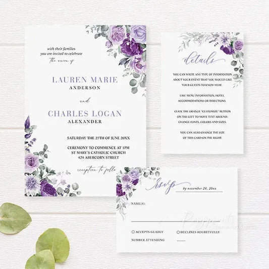 lilac and purple floral wedding invitations RPFLAT20 - Rosy Prints