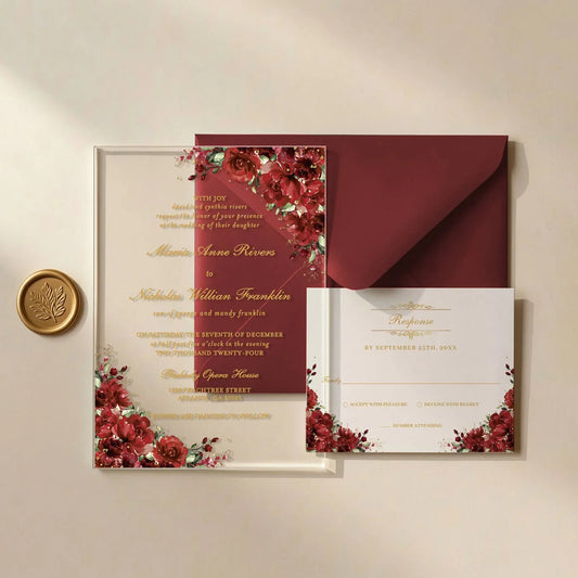 elegant red and gold acrylic wedding invitations