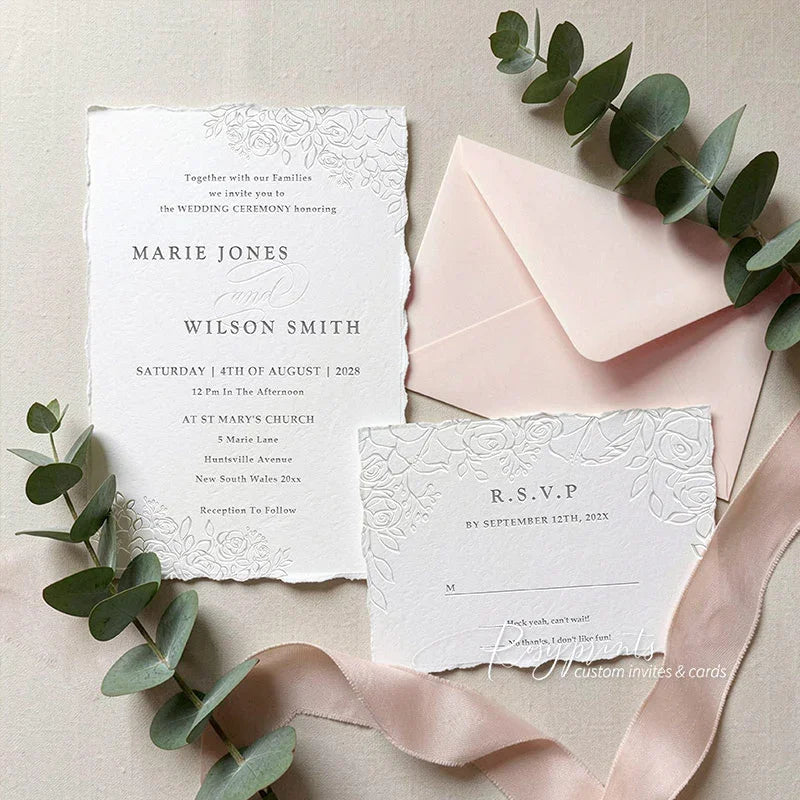 elegant rose floral rustic letterpress wedding invitations