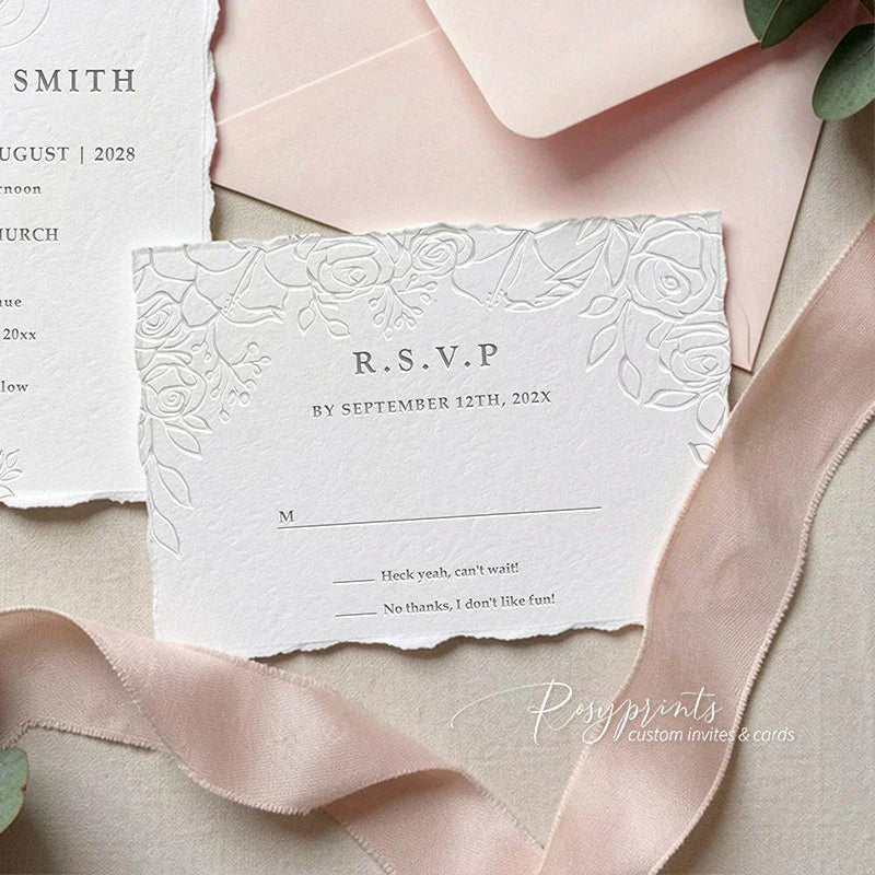 elegant rose floral rustic letterpress wedding invitations