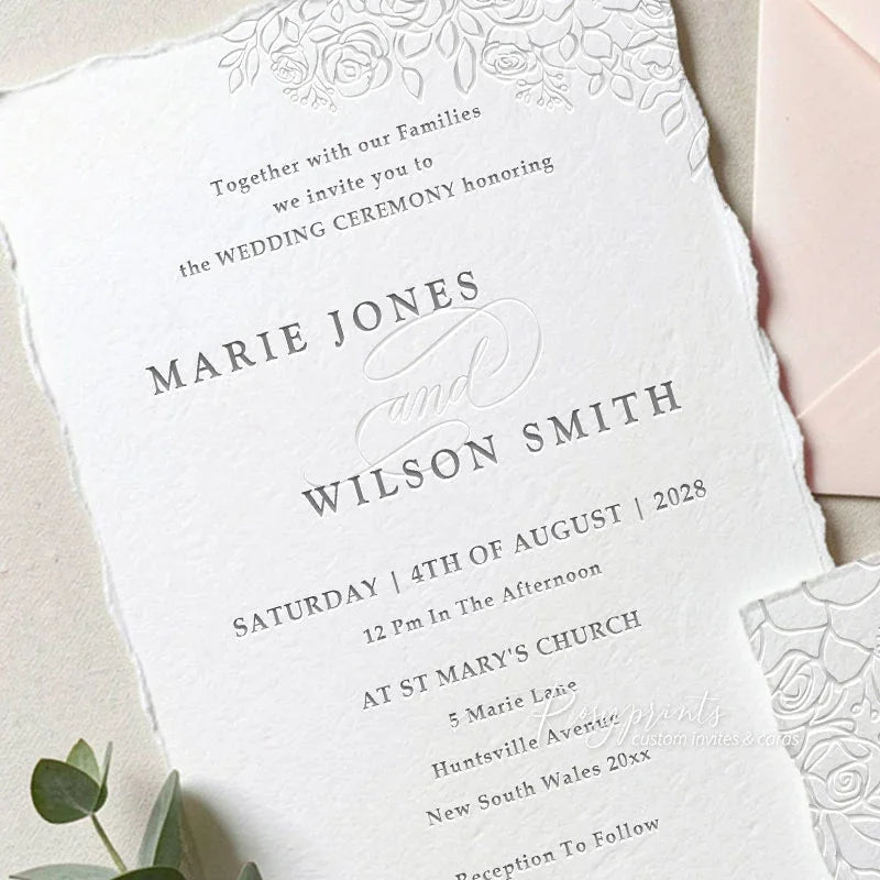 elegant rose floral rustic letterpress wedding invitations