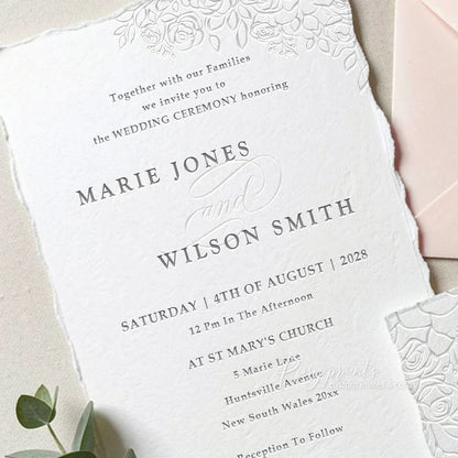 elegant rose floral rustic letterpress wedding invitations