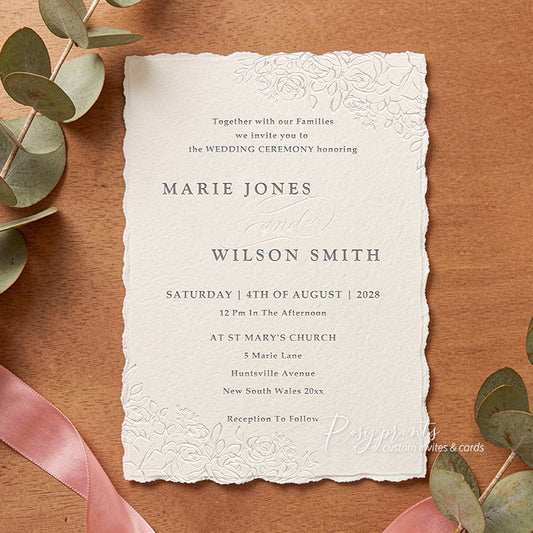 elegant rose floral rustic letterpress wedding invitations