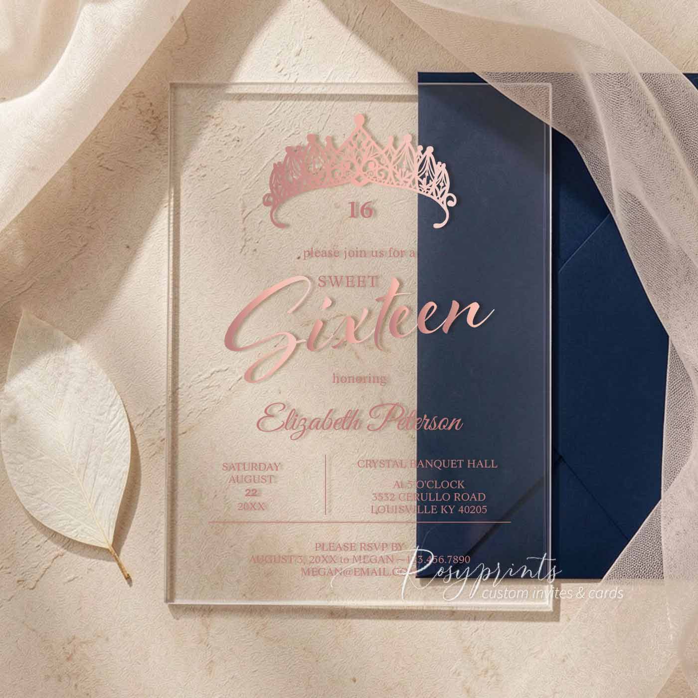 elegant rose gold acrylic sweet sixteen invitations