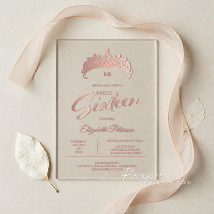 elegant rose gold acrylic sweet sixteen invitations