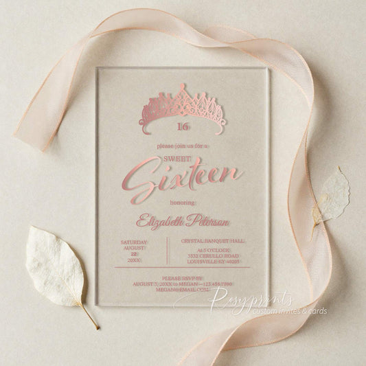 elegant rose gold acrylic sweet sixteen invitations
