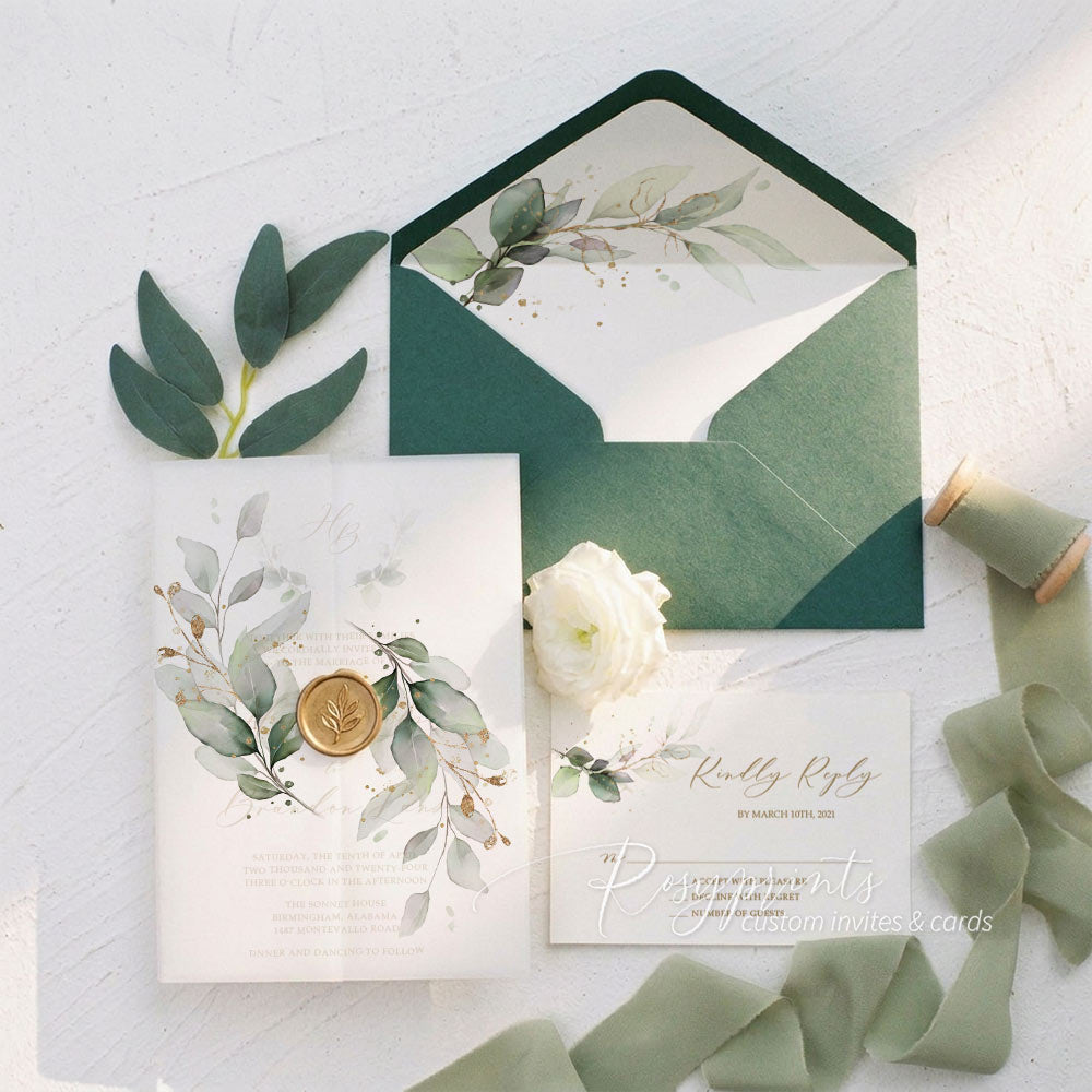elegant sage green and gold foliage vellum paper wedding invitations