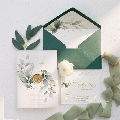 elegant sage green and gold foliage vellum paper wedding invitations