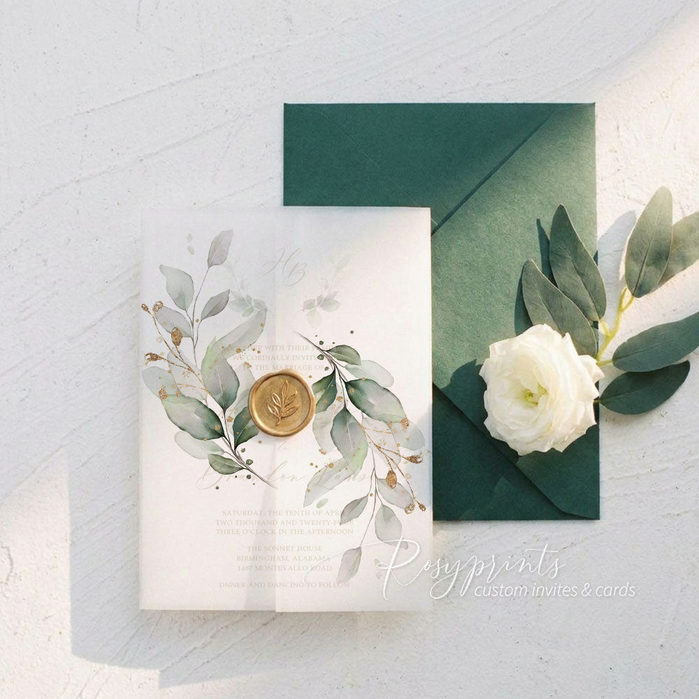 elegant sage green and gold foliage vellum paper wedding invitations