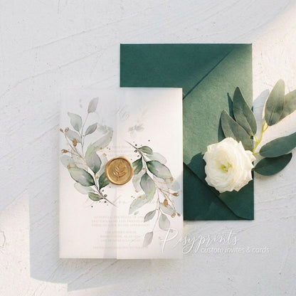 elegant sage green and gold foliage vellum paper wedding invitations