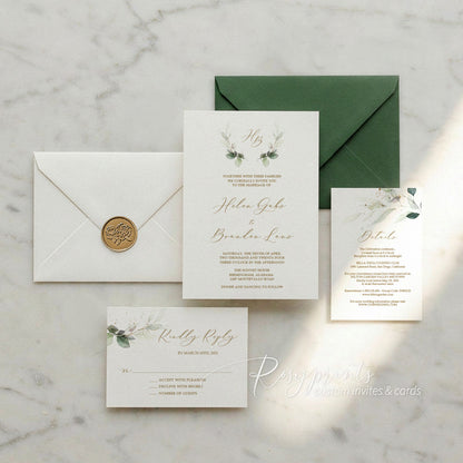 elegant sage green and gold foliage vellum paper wedding invitations