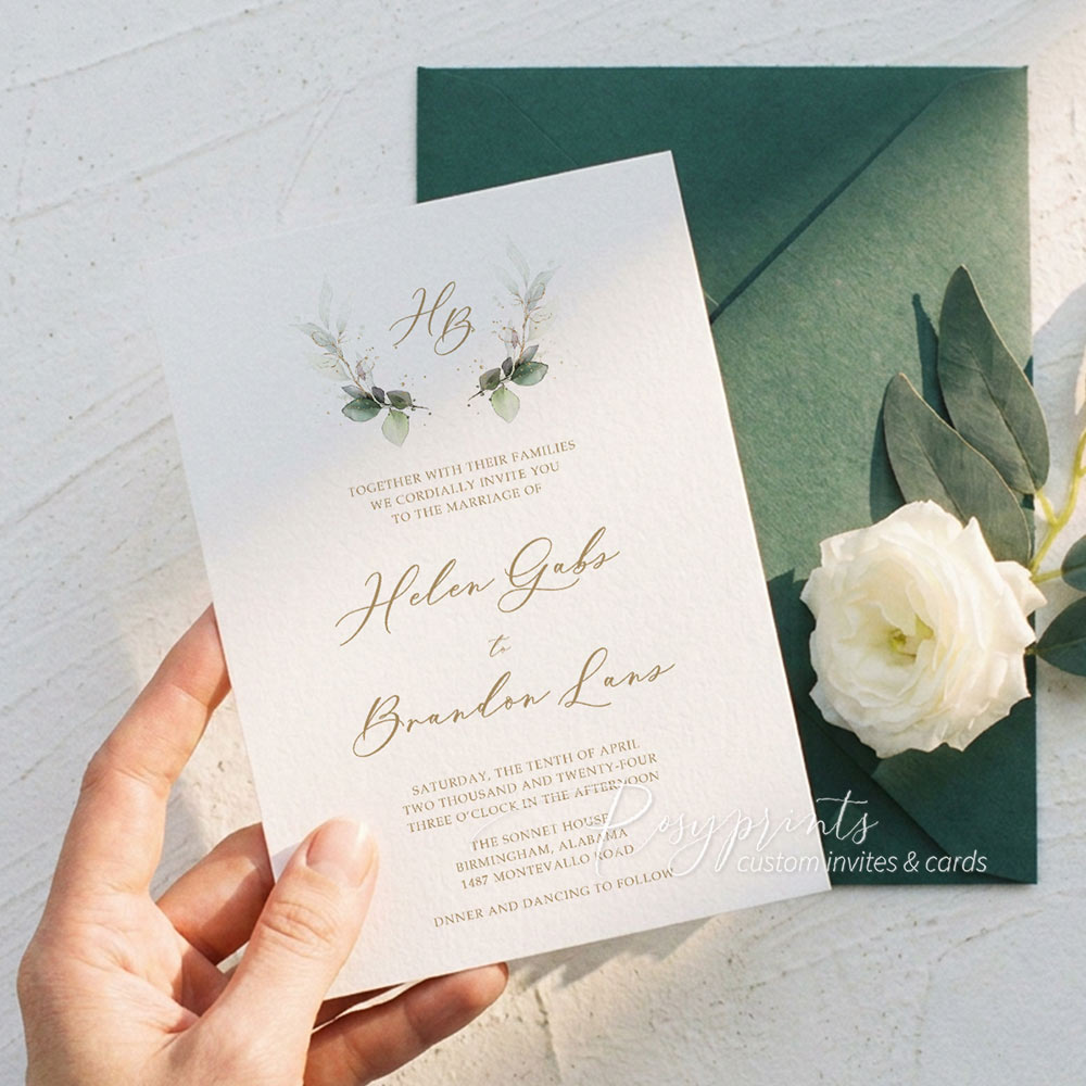 elegant sage green and gold foliage vellum paper wedding invitations
