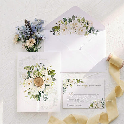elegant white and ivory floral vellum paper wedding invitations