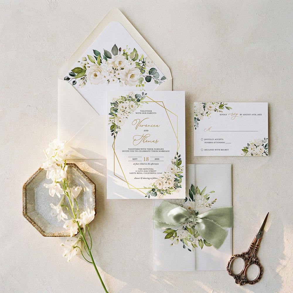 elegant white and ivory floral vellum paper wedding invitations