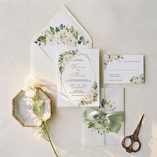 elegant white and ivory floral vellum paper wedding invitations
