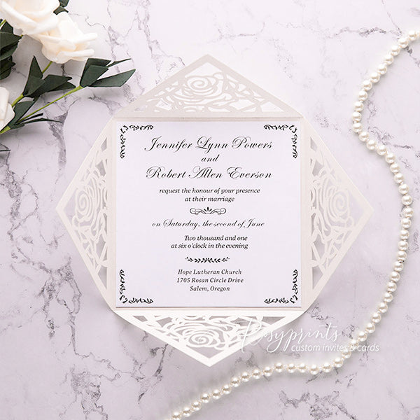 affordable black and white rose pocket wedding invitations