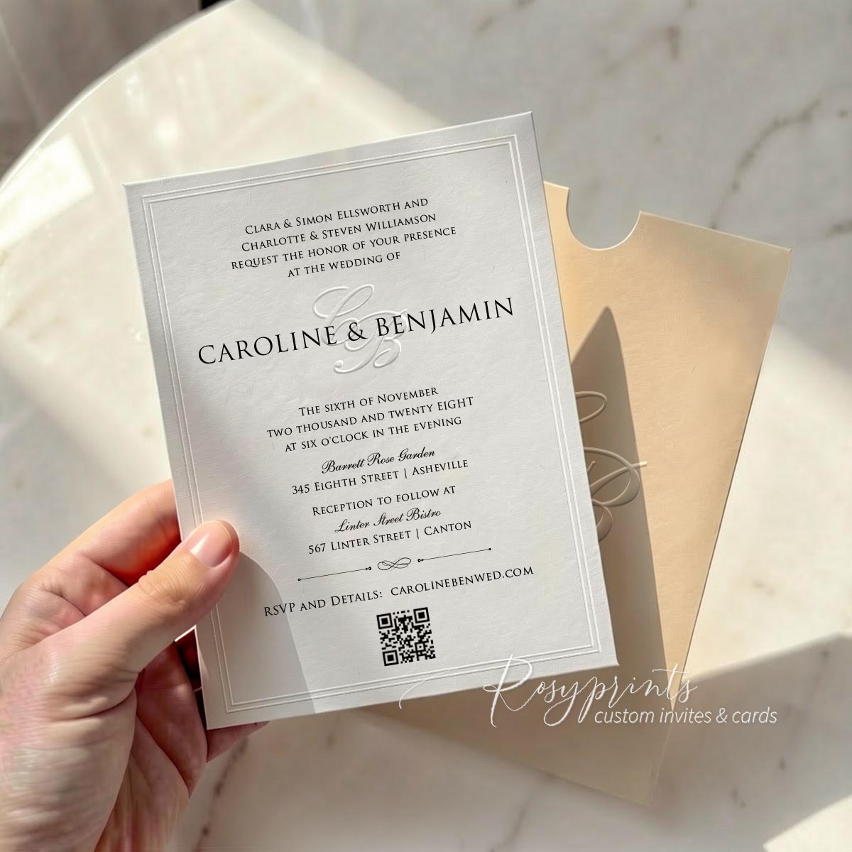 classy blind embossed wedding invitations with qr code