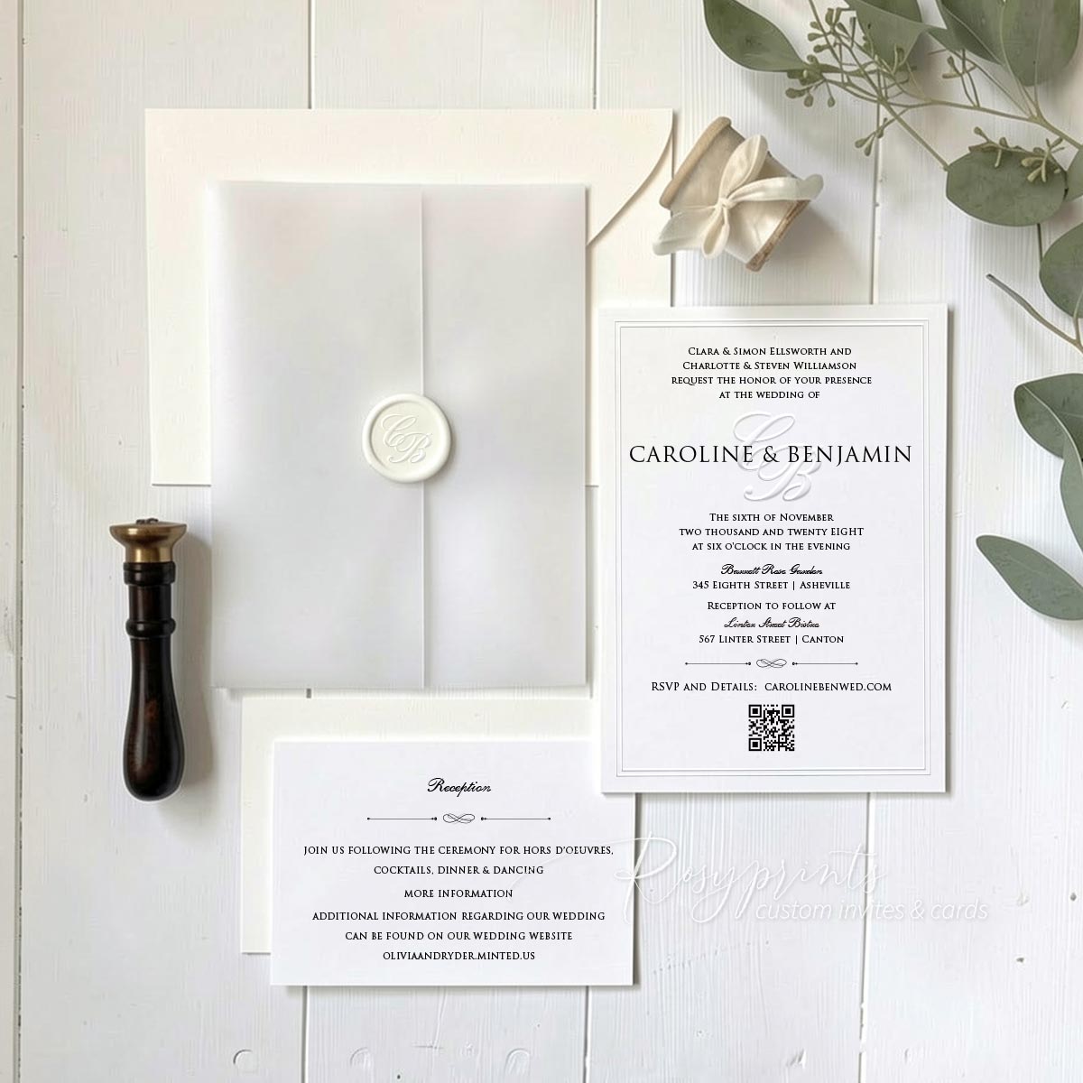 classy blind embossed wedding invitations with qr code