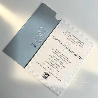 classy blind embossed wedding invitations with qr code