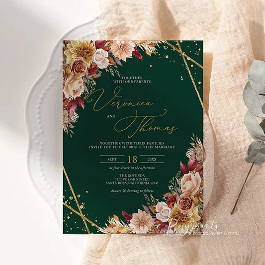 rustic emerald and burnt orange fall floral wedding invitations