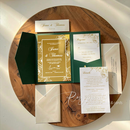 elegant roses gold mirror acrylic emerald green wedding invitations