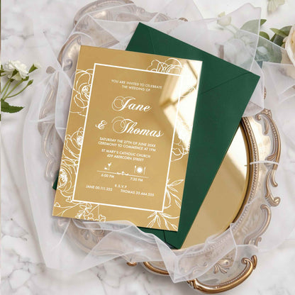 elegant roses gold mirror acrylic emerald green wedding invitations