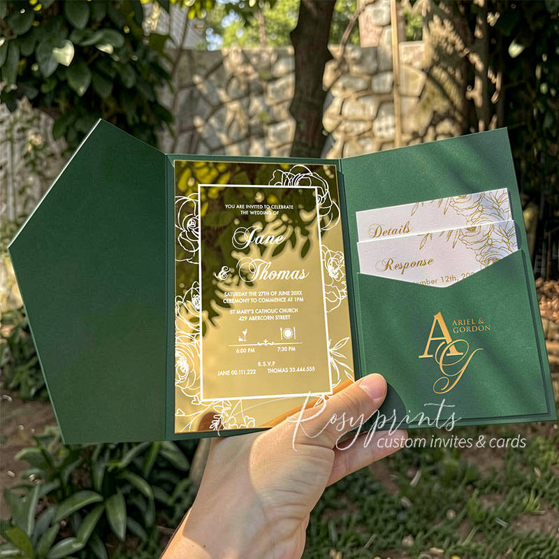 elegant roses gold mirror acrylic emerald green wedding invitations
